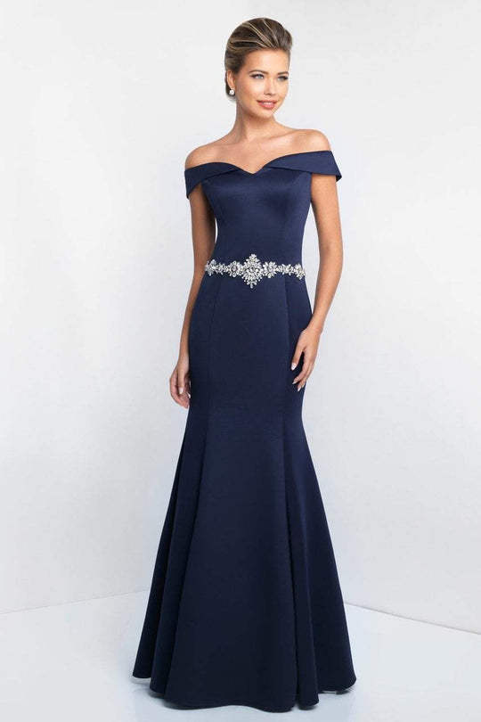 Blush - S2023 Shawl Off-Shoulder Crystal Beaded Waist Trumpet Gown In Blue