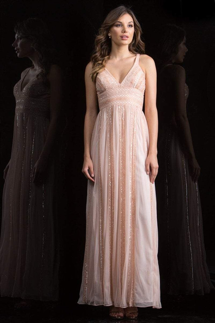 Scala - 48812 Bedazzled V-neck Empire A-line Dress In Pink