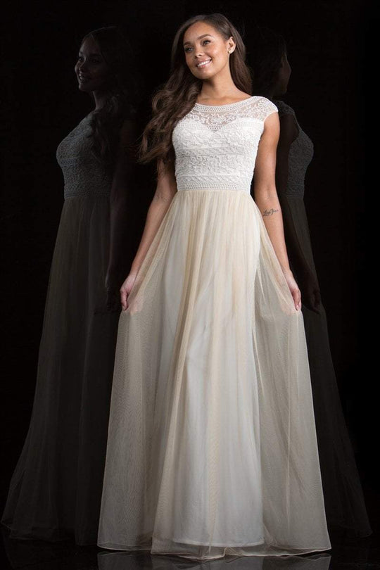 Scala - 48821 Beaded Illusion Bateau A-line Dress In Neutral