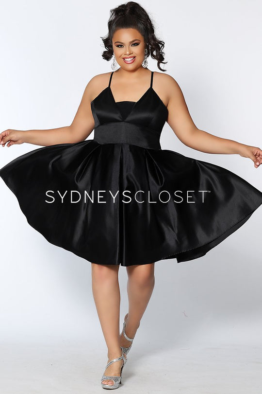 Sydney's Closet - SC8092 Sleeveless V Neck Satin Cocktail Dress In Black