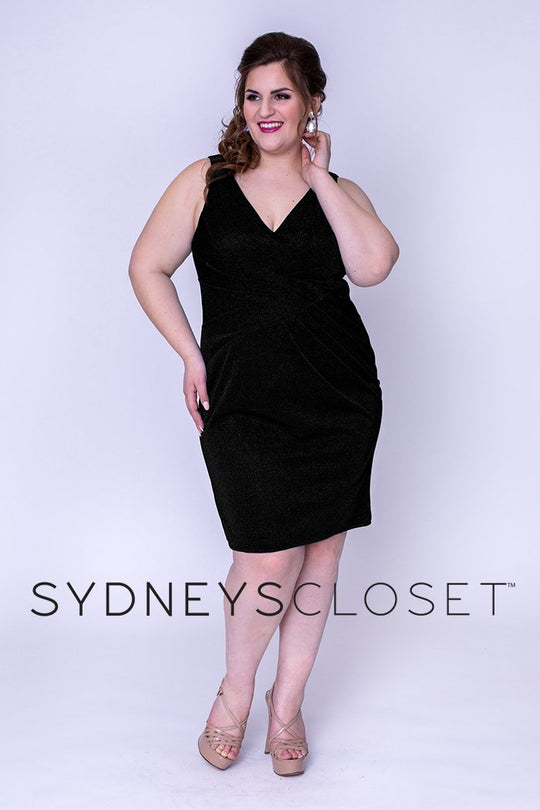 Sydney's Closet - SC8093 V-neck Shimmer Knit Sheath Dress In Black