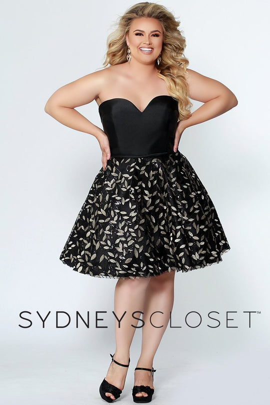 Sydney's Closet - SC8097 Strapless Mikado Embroidered Tulle Dress In Black and Gold