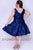 Sydney's Closet - SC8098 Deep V-Neck Metallic Print A-Line Dress In Blue