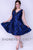 Sydney's Closet - SC8098 Deep V-Neck Metallic Print A-Line Dress In Blue