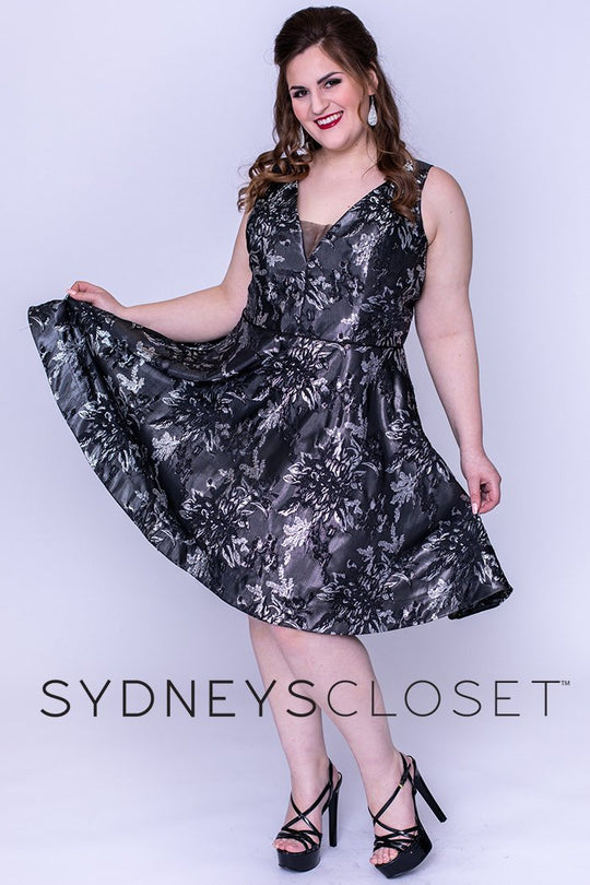Sydney's Closet - SC8098 Deep V-Neck Metallic Print A-Line Dress In Gray