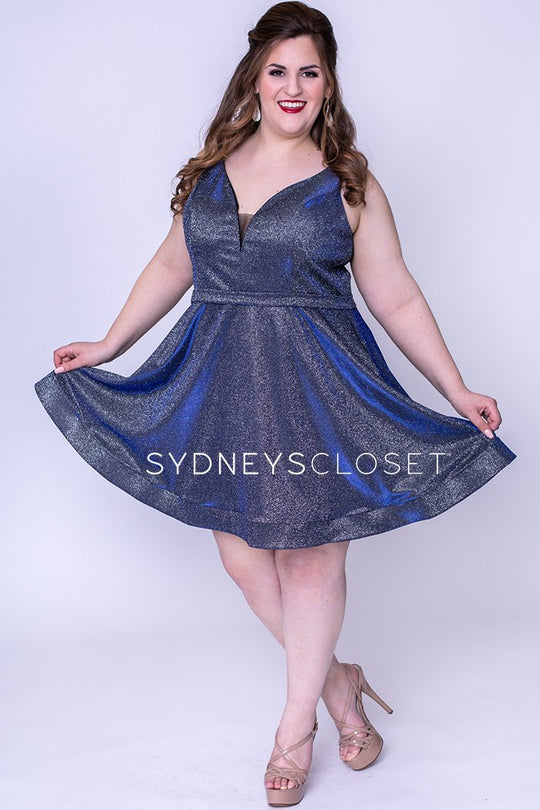 Sydney's Closet - SC8099 Plunging V-Neck Pleated A-Line Short Dress In Blue