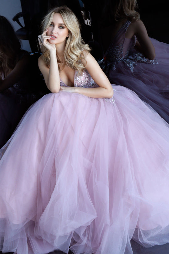 Jovani - 67459 V-Neck Tulle Long A-line Dress In Purple