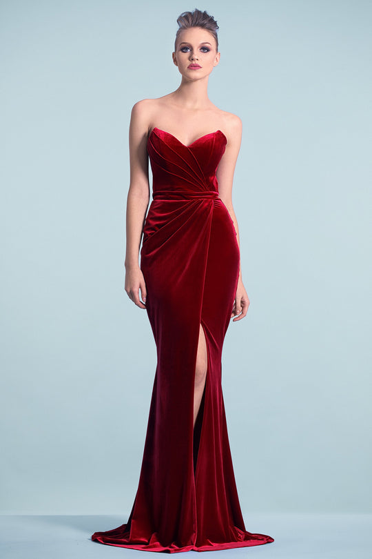Cristallini - SKA477 Strapless Draped Velvet High Slit Gown In Red