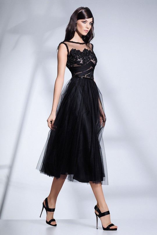 Cristallini - SKA493 Bedazzled Bateau Tulle A-line Dress In Black