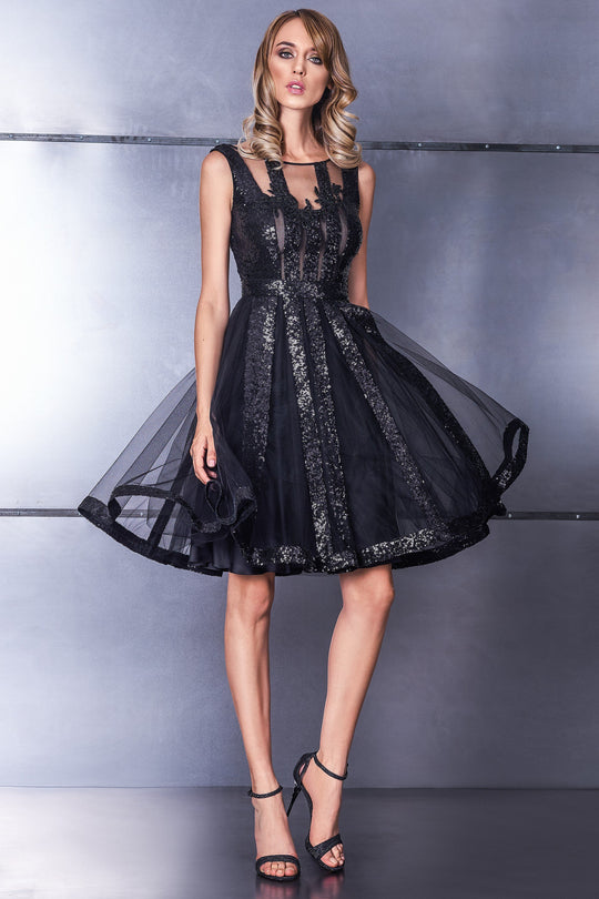 Cristallini - SKA583 Sequin Embroidered Bateau A-line Dress In Black