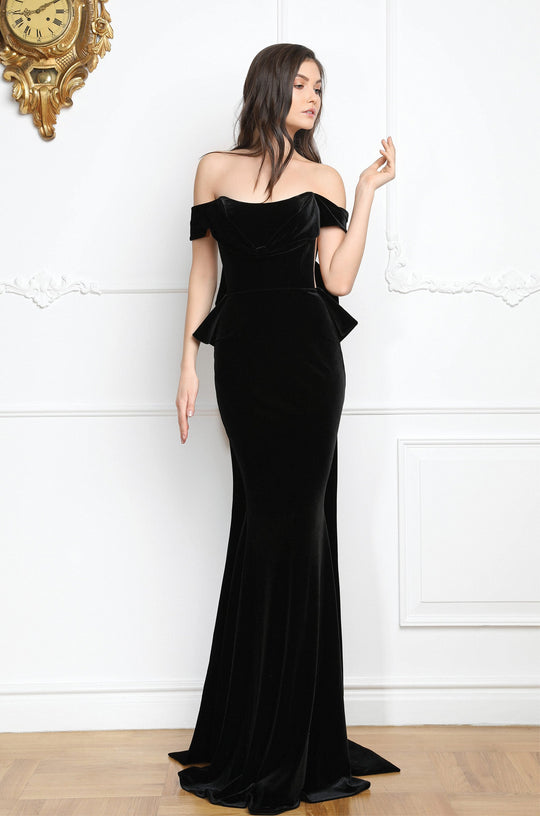 Cristallini - SKA790 Velvet Off Shoulder Long Bow Accent Dress In Black