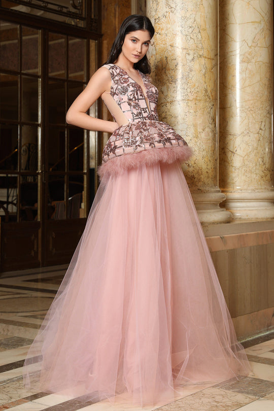 Cristallini - SKA801 Sequined Feathered Peplum Ballgown In Pink