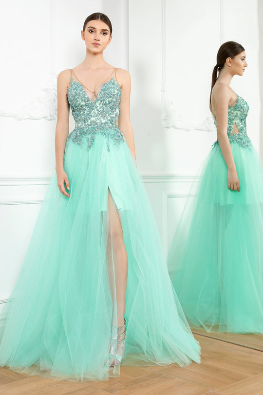 Cristallini - SKA820 Embroidered V-Neck Dress with Slit In Blue