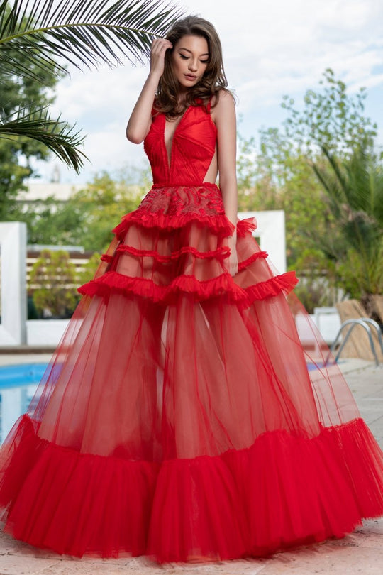 Cristallini - SKA 888 Deep V-Neck Ruffled Ballgown In Red