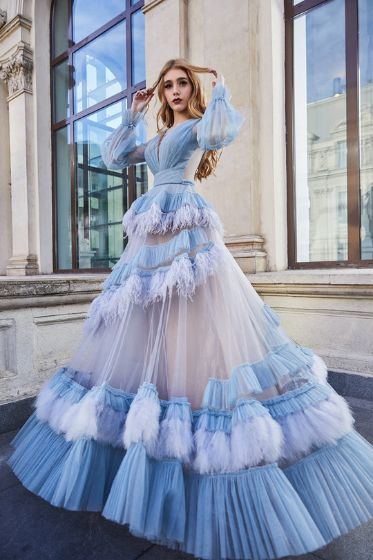 Cristallini - SKA916 Long Sleeve Feather Embellished Ball Gown In Blue