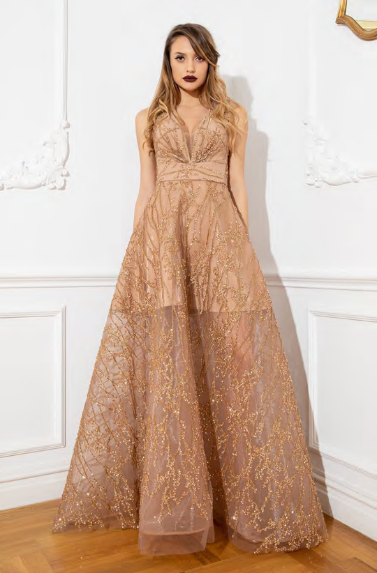 Cristallini - SKA924 Sequin Embellished A-Line Dress In Gold