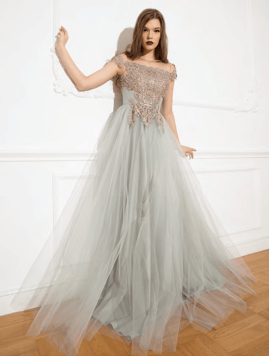 Cristallini - SKA927 Cap Sleeve Illusion Bateau Lace Bodice Gown In Neutral and Gray