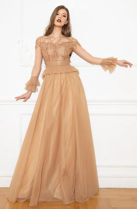 Cristallini - SKA929 Sequin Embellished Peplum A-Line Dress In Gold