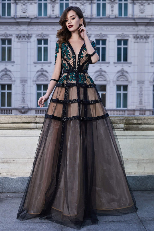 Cristallini - SKA930 Embroidered Plunging A-Line Dress In Green and Black