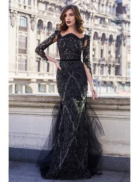 Cristallini - SKA933 Lace Asymmetric Trumpet Dress In Black and Neutral