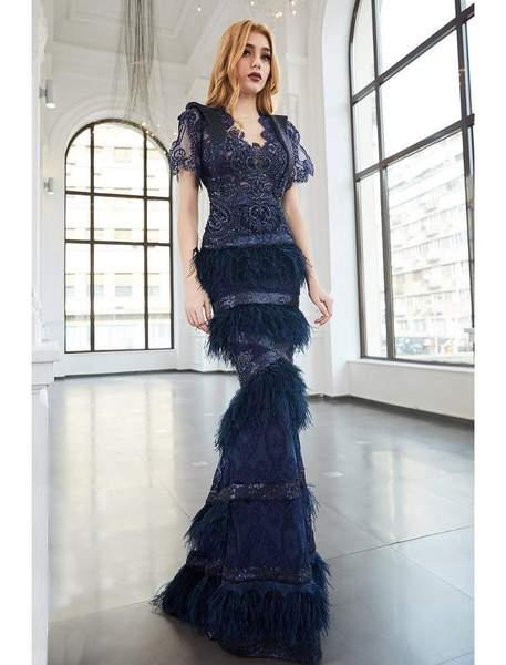 Cristallini - SKA936 Feathered Lace Trumpet Dress In Blue