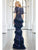 Cristallini - SKA936 Feathered Lace Trumpet Dress In Blue