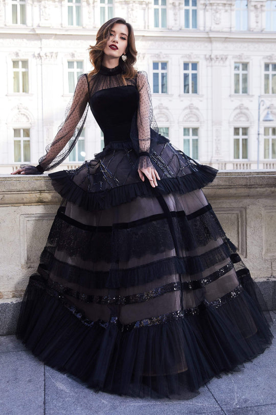 Cristallini - SKA938 High Neck Long Sleeves A-Line Dress In Black