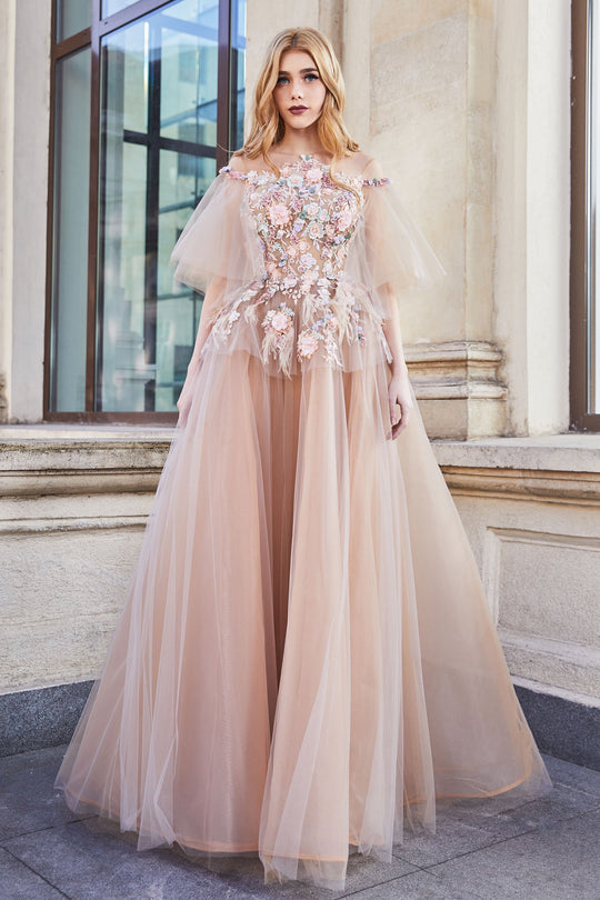 Cristallini - SKA942 Off-Shoulder Floral Embroidered Gown In Multi-Color and Pink