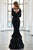 Cristallini - SKA943 Deep V-neck Feathered Mermaid Dress In Black