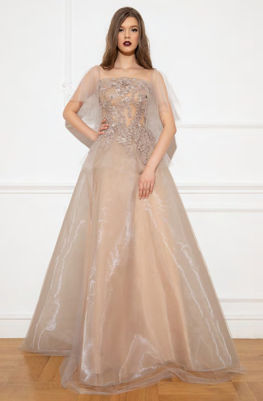 Cristallini - SKA944 Floral Embroidered Square Ballgown In Brown