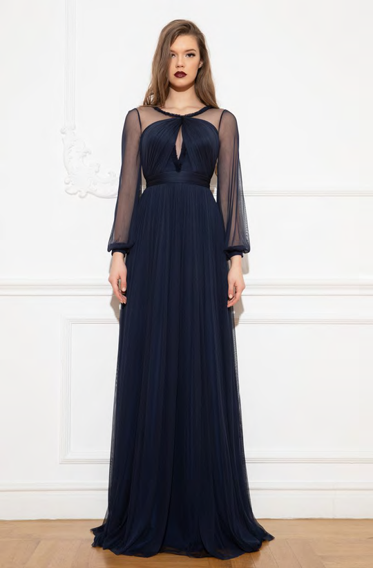 Cristallini - SKA949 Sheer Long Sleeves Front Keyhole Tulle Gown In Blue