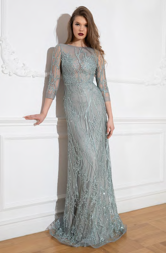 Cristallini - SKA952 Embellished Quarter Length Sleeves Dress In Blue