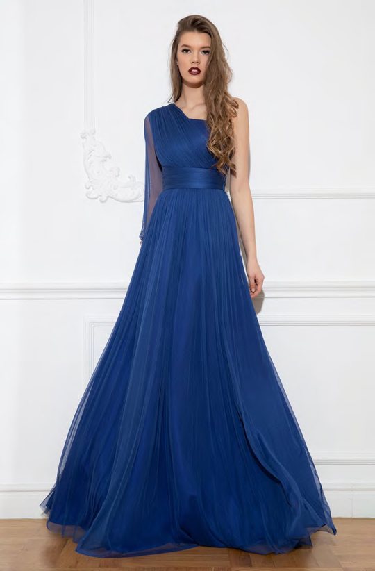 Cristallini - SKA953 Asymmetric One-Shoulder Silk Tulle Evening Gown In Blue
