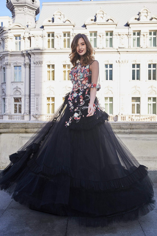 Cristallini - SKA954 Floral Embroidered Pleated A-Line Dress In Multi-Color and Black