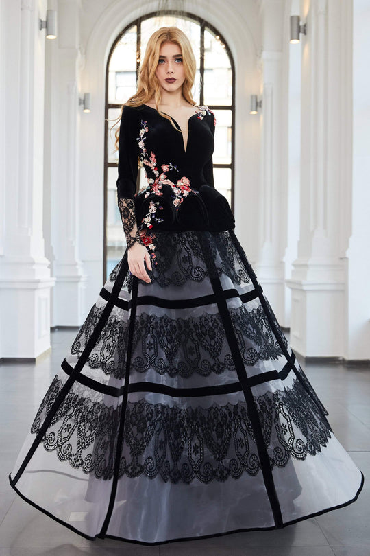 Cristallini - SKA955 Floral Embroidered Plunging V-Neck Gown In Black and Multi-Color