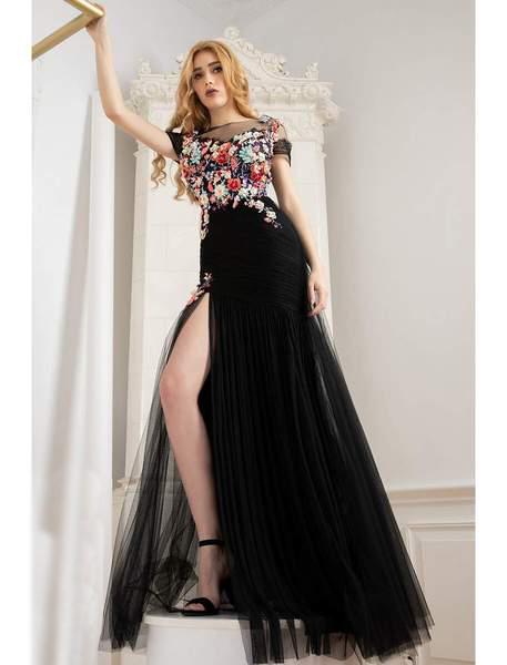 Cristallini - SKA956 Floral Embroidered Pleated Trumpet Dress In Black and Multi-Color