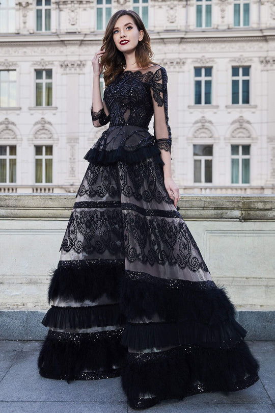 Cristallini - SKA957 Sequined Illusion Bateau A-Line Dress In Black