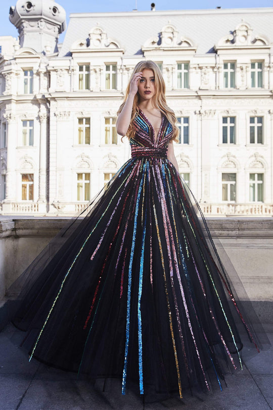 Cristallini - SKA959 Sequin Embellished Plunging V-Neck Gown In Multi-Color and Black