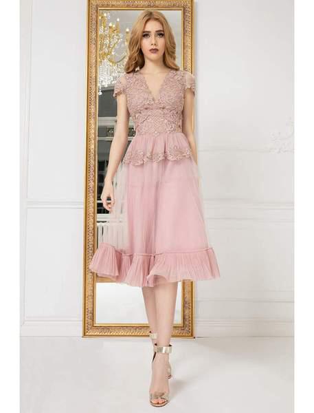 Cristallini - SKA964 Embroidered V-Neck A-Line Dress In Pink