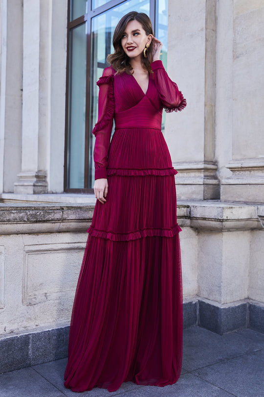 Cristallini - SKA966 V Neck Long Sleeved Ruffled Tulle Evening Gown In Red