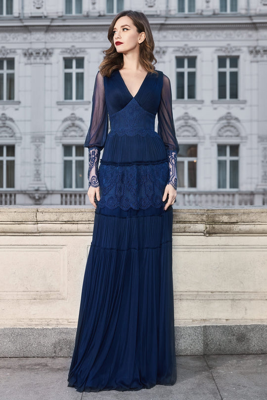 Cristallini - SKA968 Lace Cuffed Long Sleeve Paneled Gown In Blue