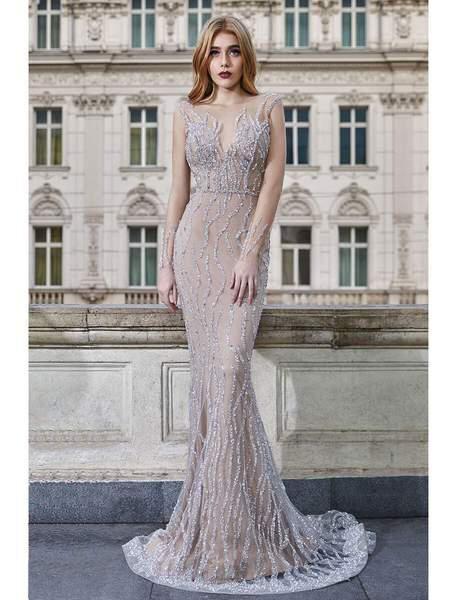 Cristallini - SKA969 Bedazzled Illusion Bateau Trumpet Dress In Silver