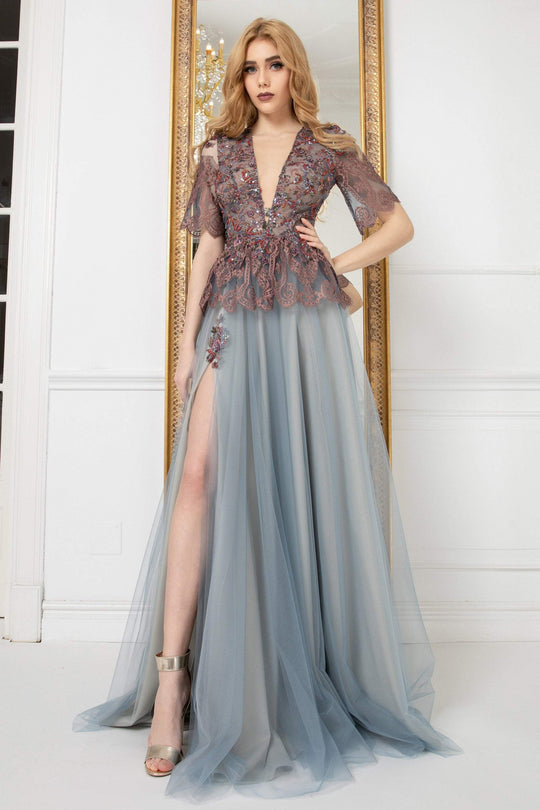 Cristallini - SKA972 Embellished Plunging V-Neck A-Line Dress In Multi-Color