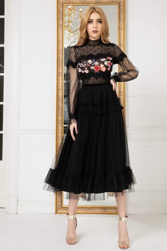 Cristallini - SKA973 Embroidered High Neck A-Line Dress In Black and Multi-Color