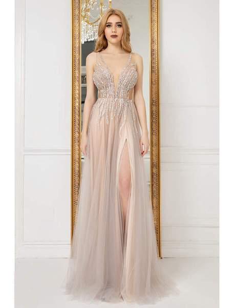 Cristallini - SKA975 Embellished Deep V-neck A-line Gown In Silver