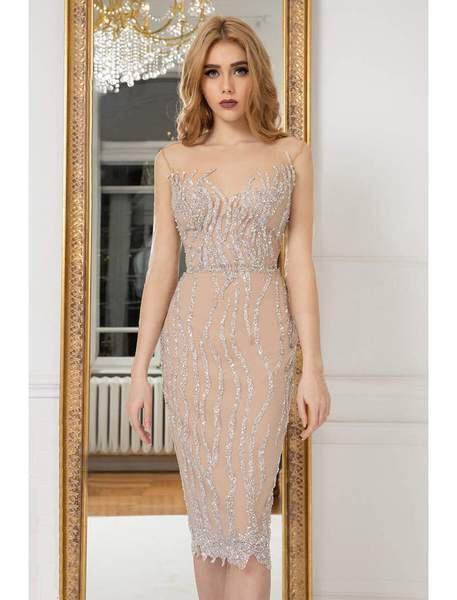Cristallini - SKA976 Bedazzled Illusion Knee Length Sheath Dress In Silver