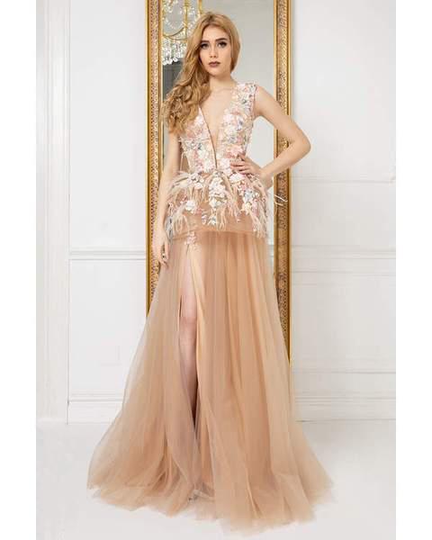 Cristallini - SKA977 Floral Embroidered Peplum Dress In Pink and Multi-Color