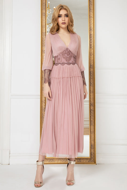 Cristallini - SKA978 Tea Length Bishop Sleeve Paneled Lace Dress In Pink