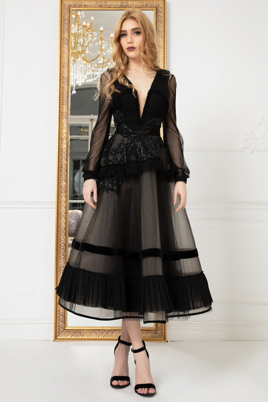 Cristallini - SKA979 Tea Length Plunging V-Neck Frilly Lace Dress In Black