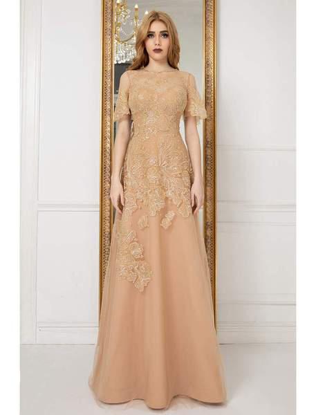 Cristallini - SKA983 Embellished High Neck A-line Dress In Gold